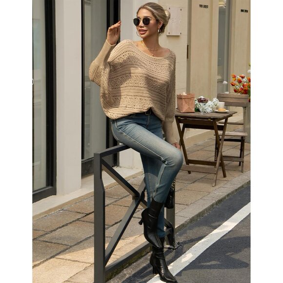 Women’s Apricot Off Shoulder Batwing Crochet Sweater Top, Fall Trendy - Picture 3 of 6